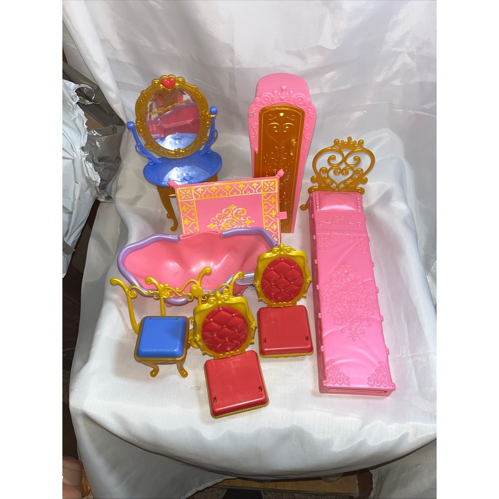 -SOLD- Mattel 2010 Barbie Princess Furniture Lot Bed Wardrobe Tub Chairs Pink